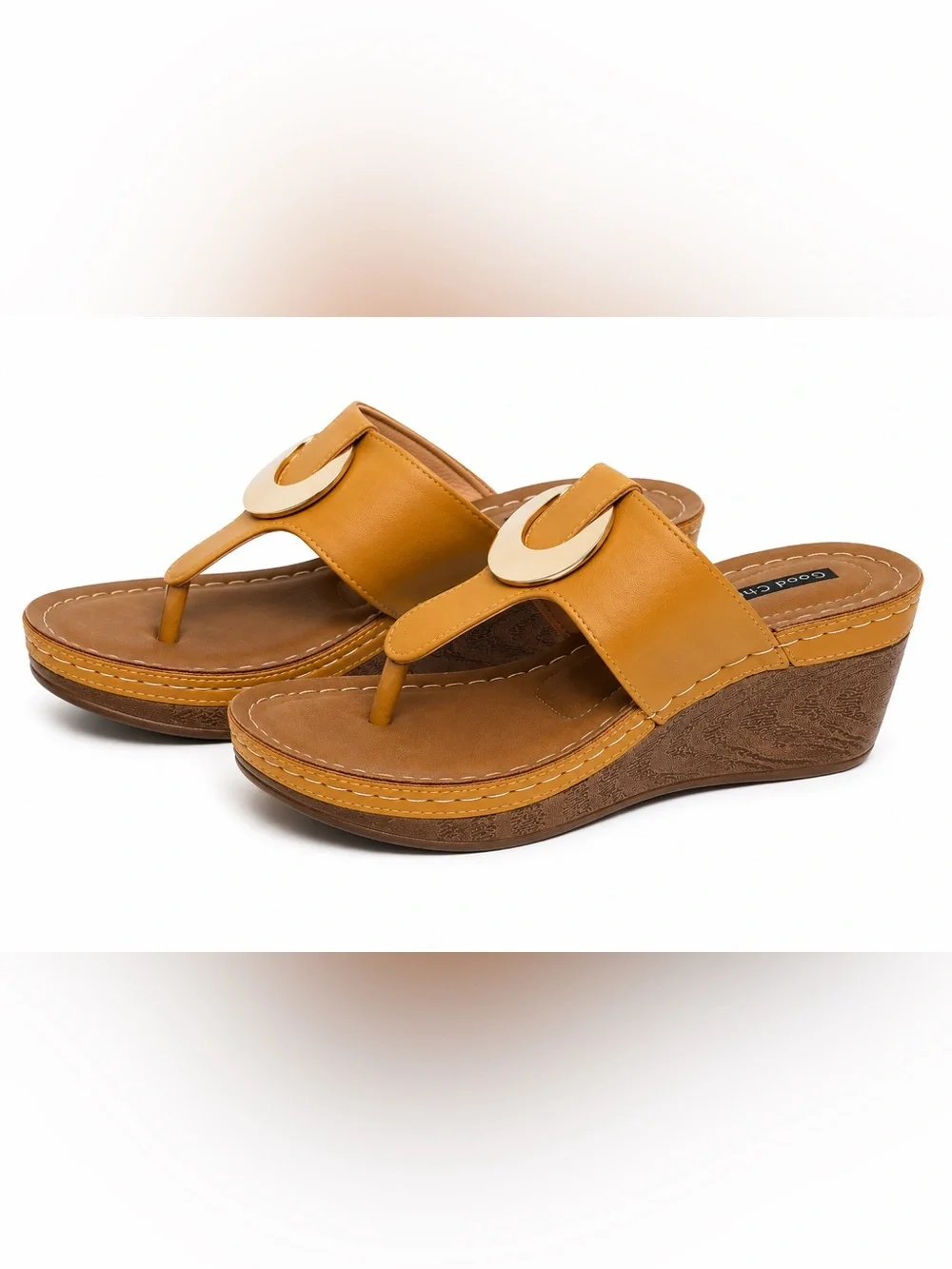 200. Good Choice Mustard Yellow Wedge Thong Sandals with Decorative Accent